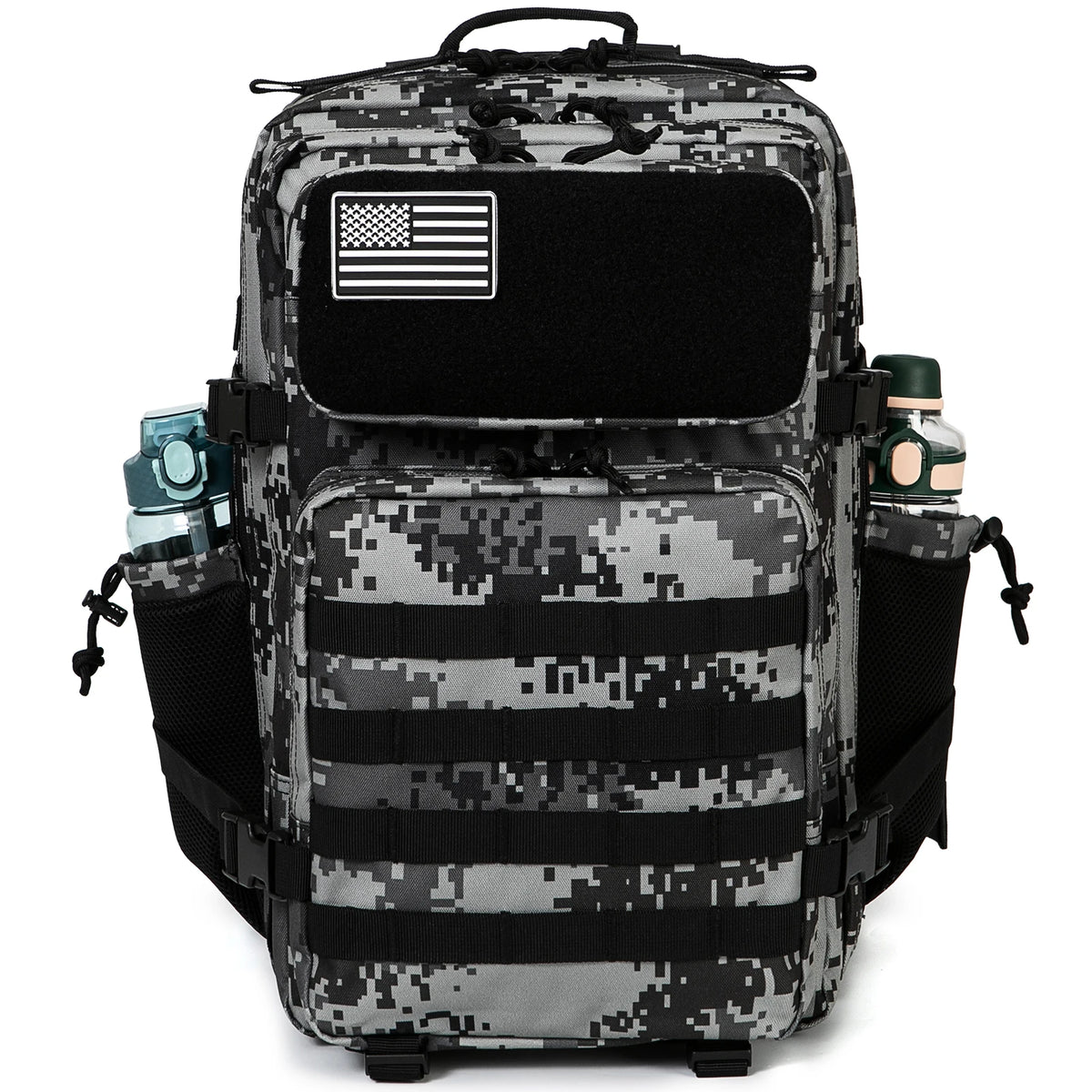 A tactical backpack featuring a camouflage pattern, an American flag patch, and MOLLE webbing.