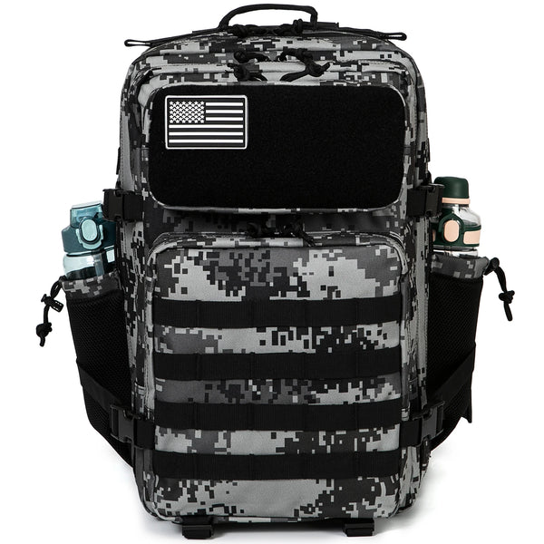 A tactical backpack featuring a camouflage pattern, an American flag patch, and MOLLE webbing.