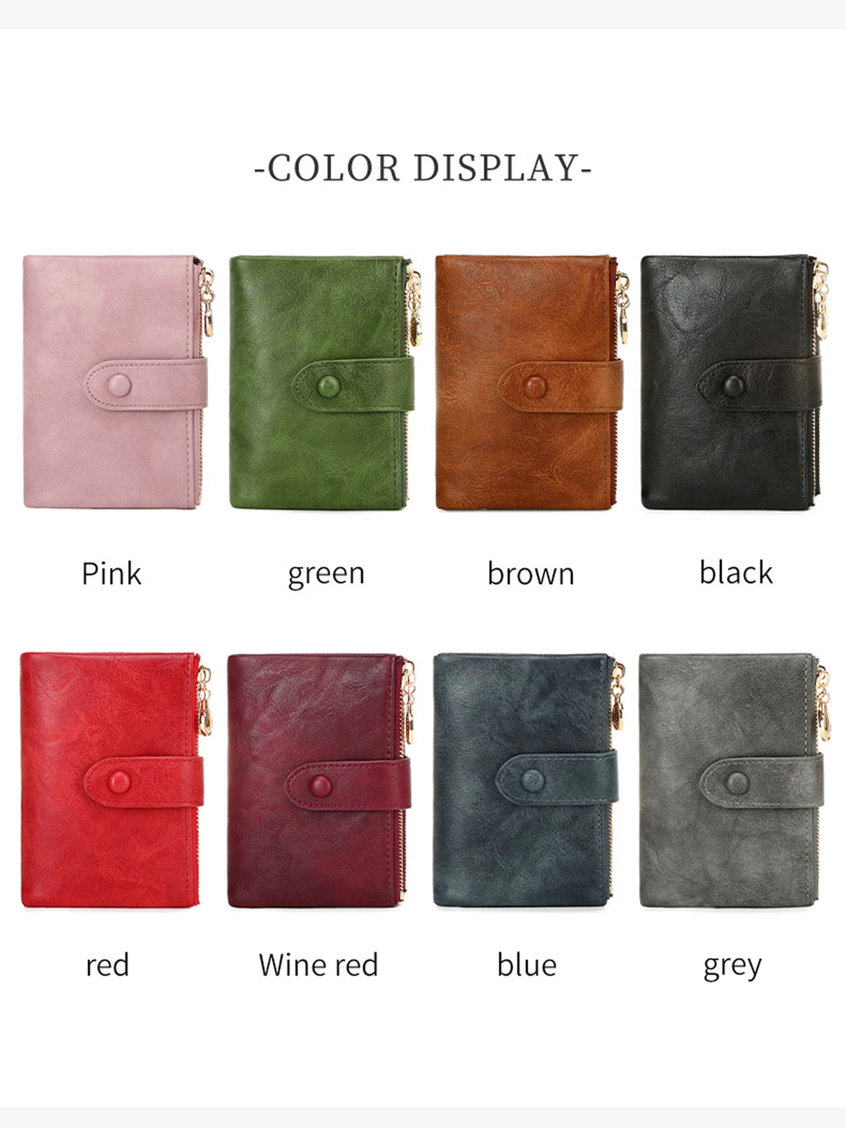 A display of women's minimalist triple layer card holder wallets in various colors including pink, green, brown, black, red, 