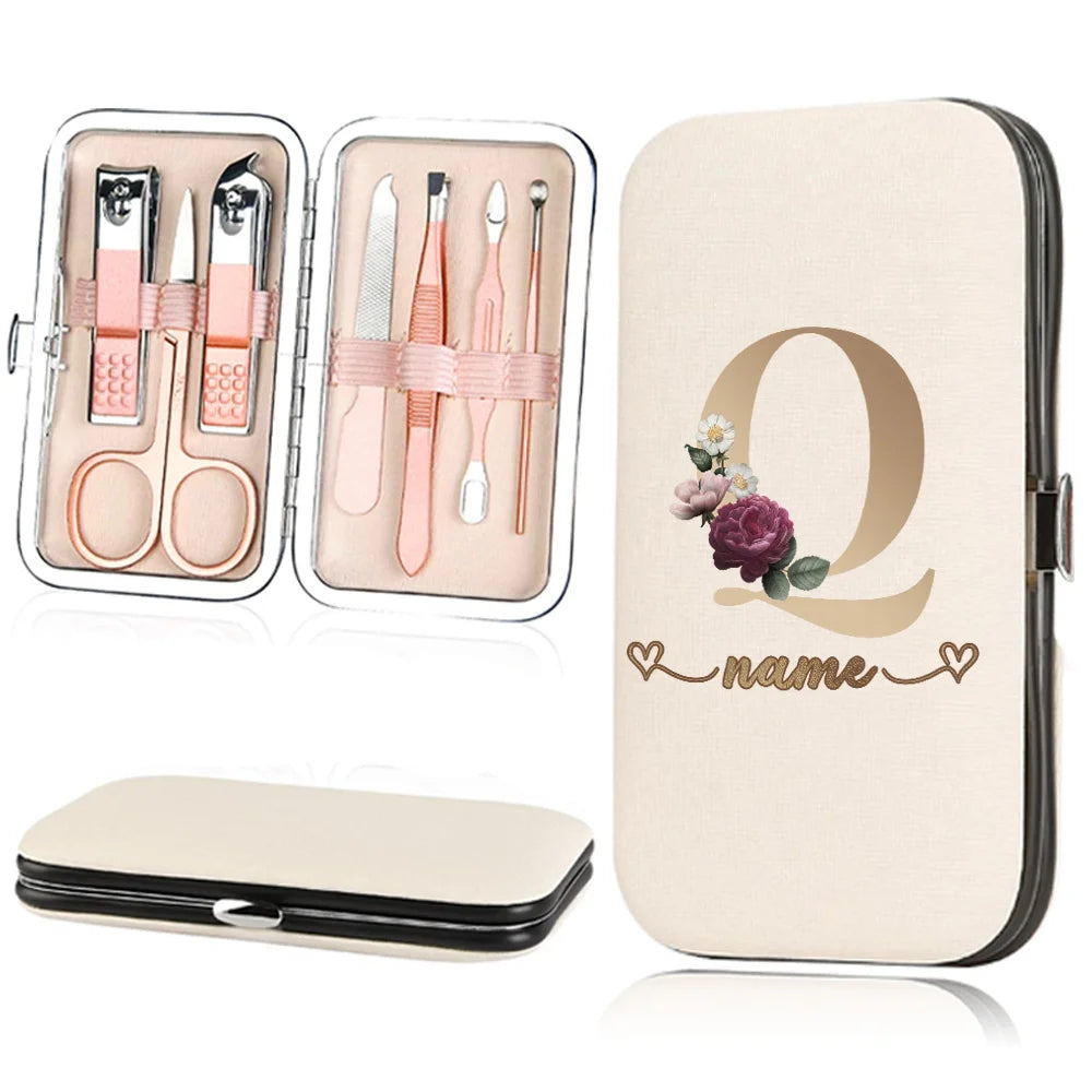 A beige cosmetic case holding a stainless steel nail clipper set and a large cosmetic pouch.