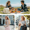 A woman is shown using an insulated quilted lunch bag in various outdoor and casual settings.