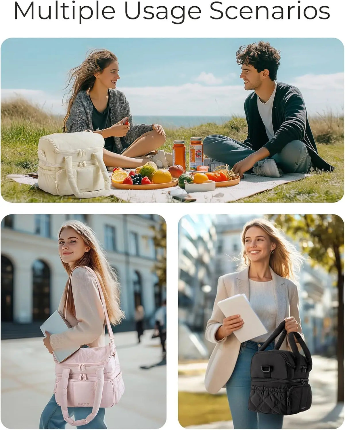 A woman is shown using an insulated quilted lunch bag in various outdoor and casual settings.