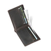 A brown men's bifold retro cowhide leather wallet with several cards inside.