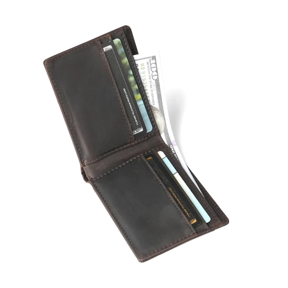 A brown men's bifold retro cowhide leather wallet with several cards inside.