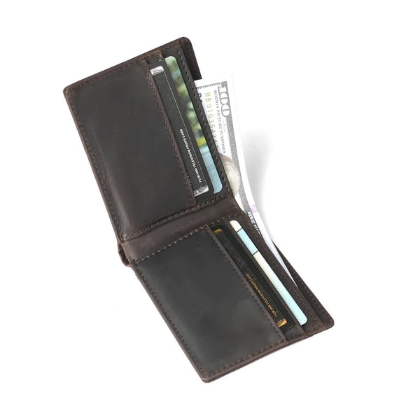 A brown men's bifold retro cowhide leather wallet with several cards inside.
