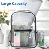 A clear transparent PVC backpack is shown next to a laptop and a potted plant.