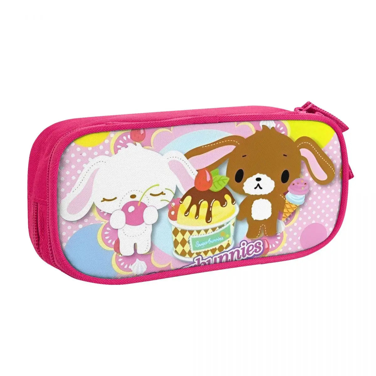 A pink pencil case featuring a cute brown bunny character and colorful floral patterns.