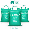 Three teal laundry bags with handles are displayed, measuring 46 x 58 cm each.