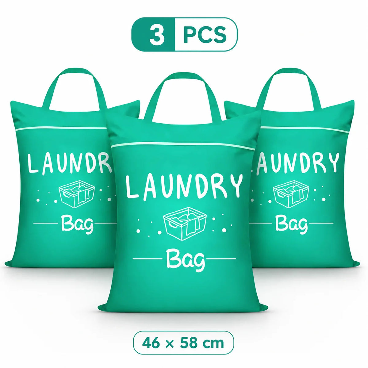 Three teal laundry bags with handles are displayed, measuring 46 x 58 cm each.