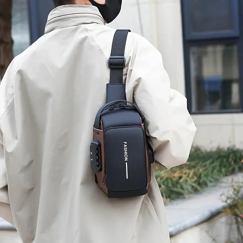 A person wearing a beige coat is holding a black durable oxford sling bag for commuting.