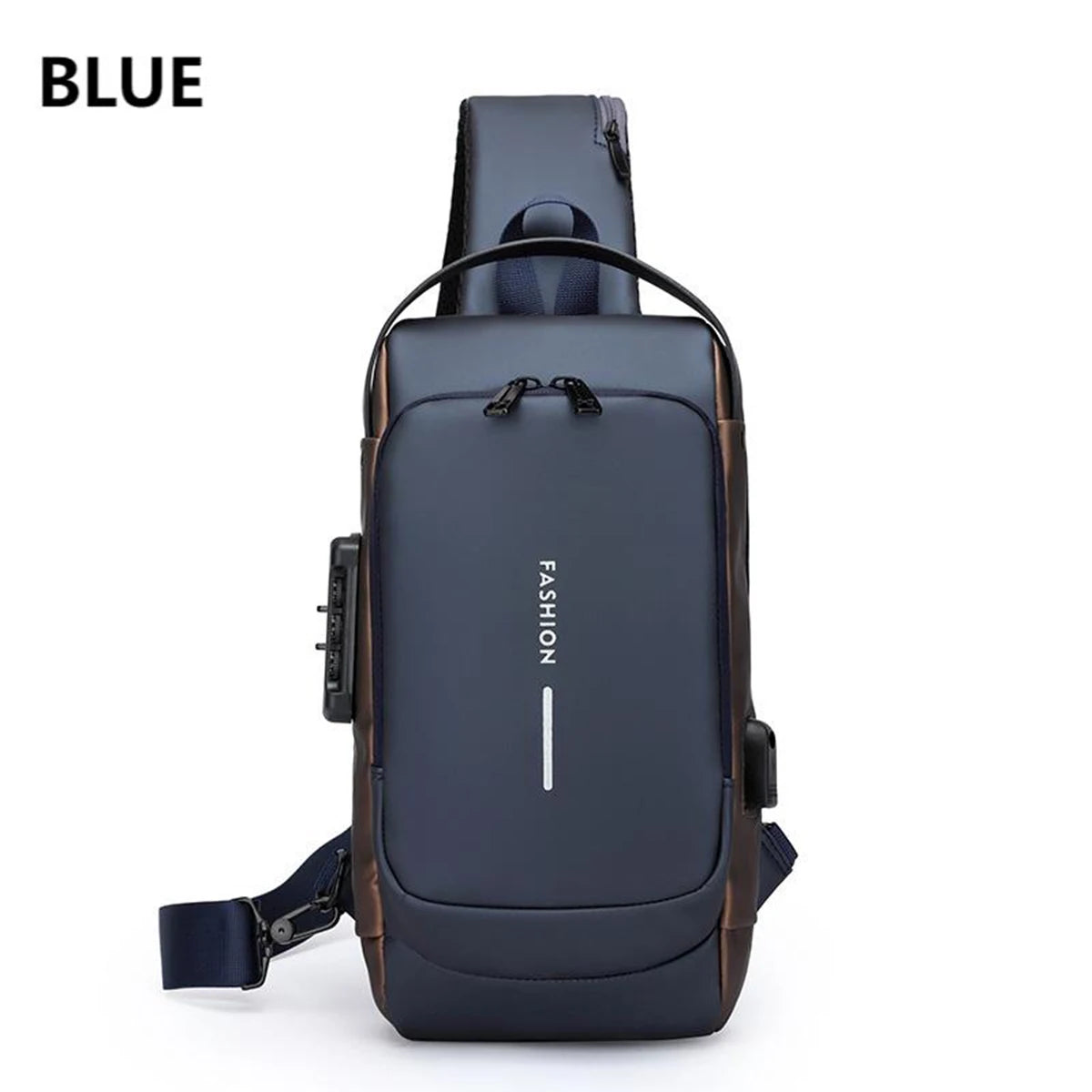 A dark blue men's anti-theft lock chest bag with a black strap shown against a white background.