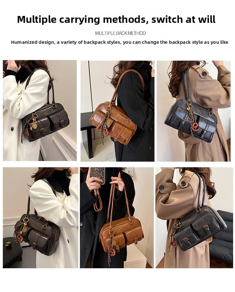 Una mujer demuestra múltiples formas de llevar un bolso de cuero PU retro en varios colores y estilos.