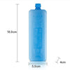 A clear blue reusable ice pack bottle with a blue cap and measurement lines.