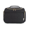 Black large capacity cosmetic organizer bag with a quilted pattern and gold hardware