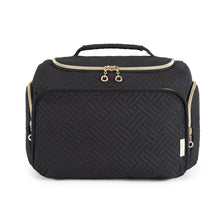 Black large capacity cosmetic organizer bag with a quilted pattern and gold hardware