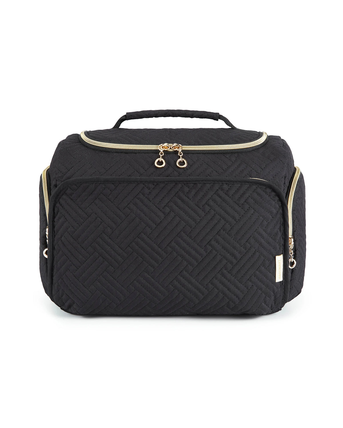 Black large capacity cosmetic organizer bag with a quilted pattern and gold hardware