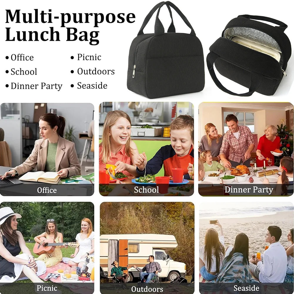 A multi-purpose lunch bag shown in black, used for office, school, picnic, outdoor activities, dinner parties, and seaside tr