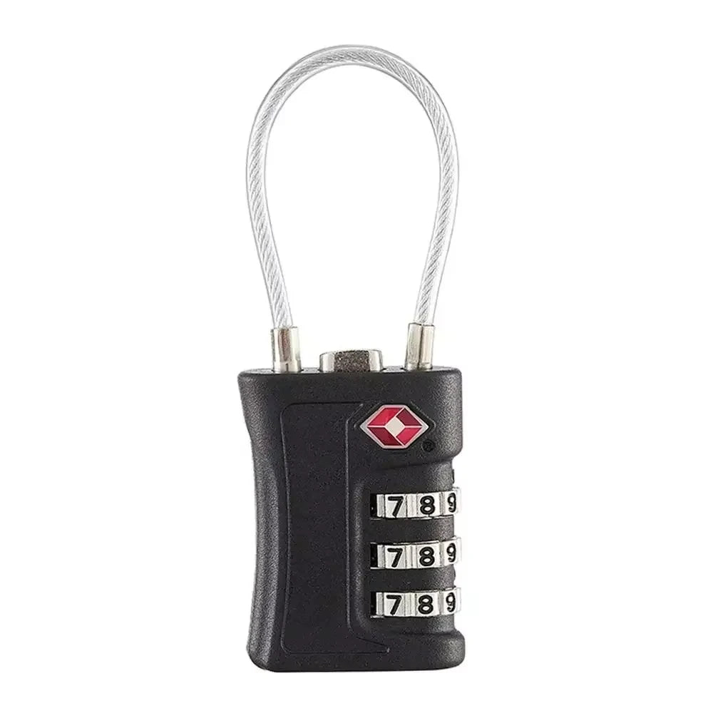 A black TSA compatible 3-digit travel lock with a silver loop and numbered dials.