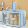 A light blue plastic washbag with a clear window is shown on a white surface.