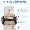 A beige multi-compartment organizer bag showing various pockets for brushes, makeup, and jewelry storage.
