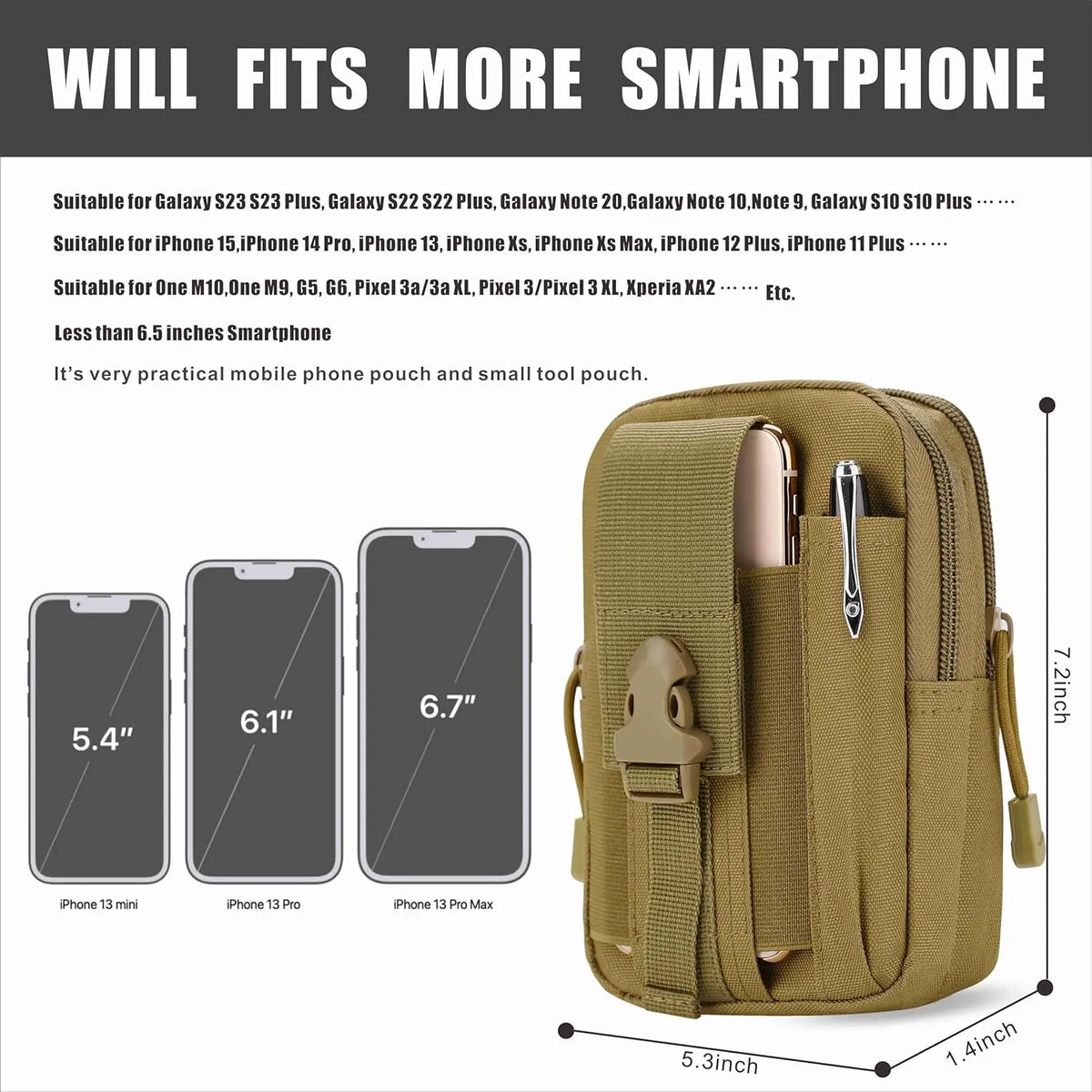 Olive green tactical EDC waist pouch designed to hold various smartphones and tools.