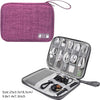 A purple portable digital organizer storage pouch with a zippered compartment and an open section for various cables and acce