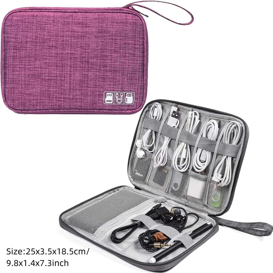 A purple portable digital organizer storage pouch with a zippered compartment and an open section for various cables and acce
