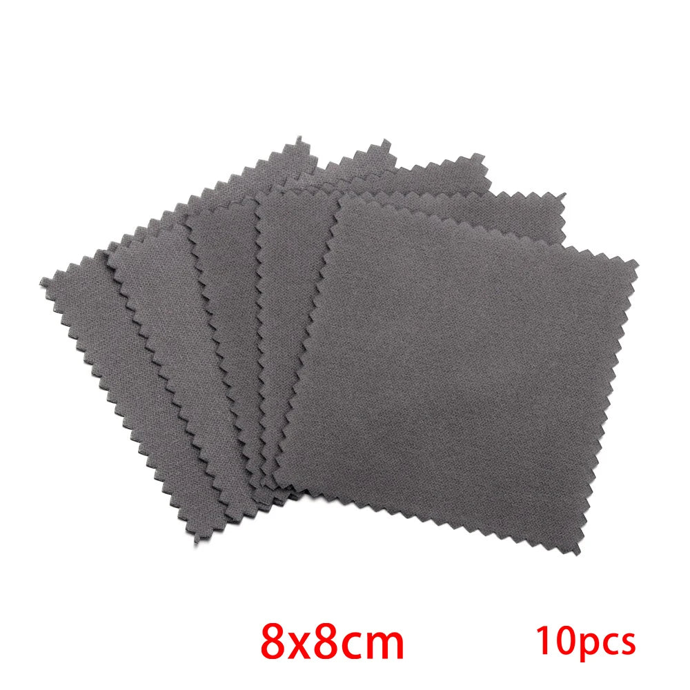 A stack of ten gray polishing cloths, measuring 8x8cm each.