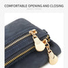A dark navy blue retro PU leather double fold wallet with a gold zipper and removable wrist strap.
