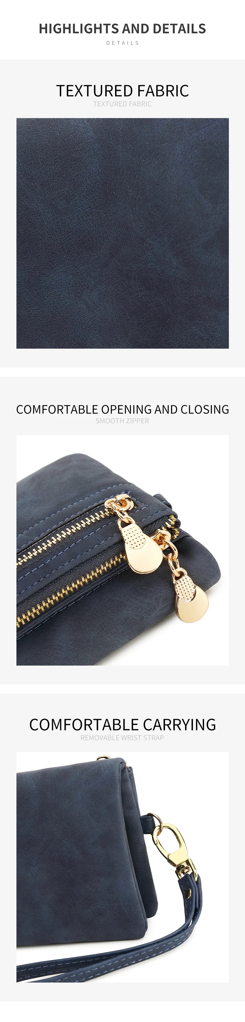 A dark navy blue retro PU leather double fold wallet with a gold zipper and removable wrist strap.