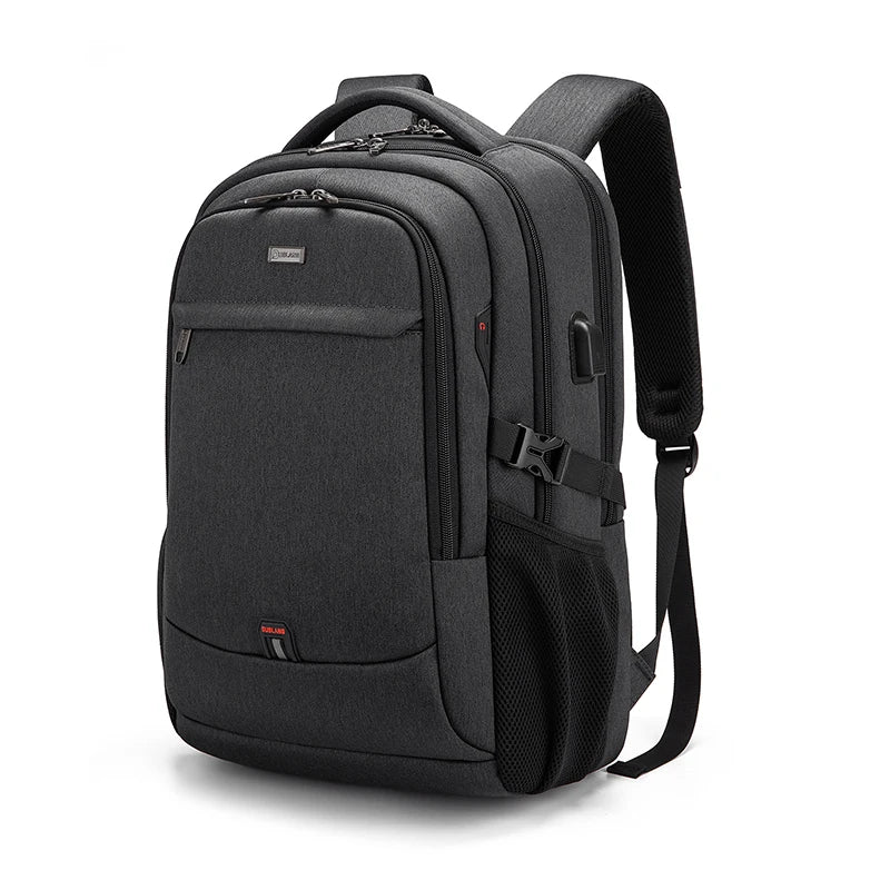 A black men's premium laptop backpack designed for travel and business.