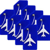 A set of five blue silicone luggage tags with silver clasps and white airplane shapes.