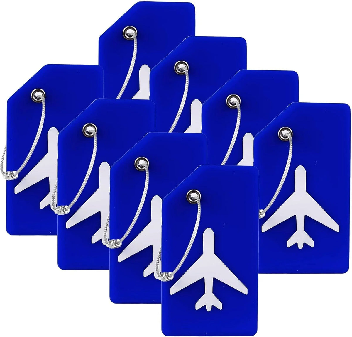 A set of five blue silicone luggage tags with silver clasps and white airplane shapes.