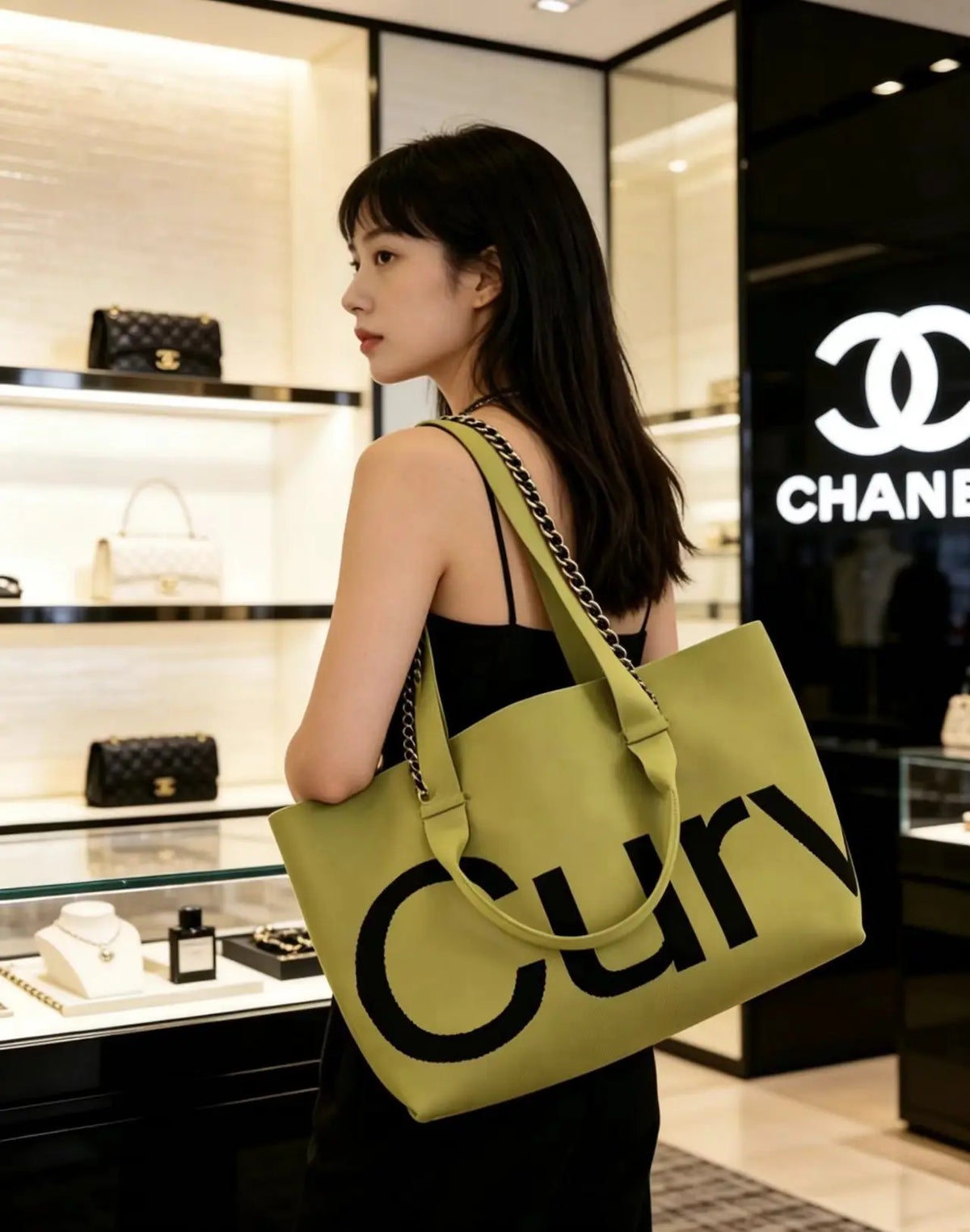 A woman holds a lime green knitted large tote bag with a black chain strap in a retail setting.