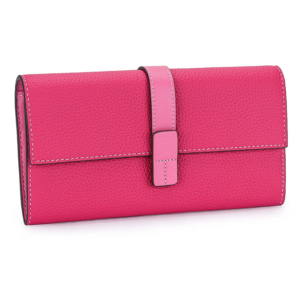 A vibrant pink genuine cow leather bifold wallet with a stitched edge and a leather strap.