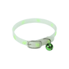 A white glow-in-the-dark collar for pets with a silver buckle and a green pendant.