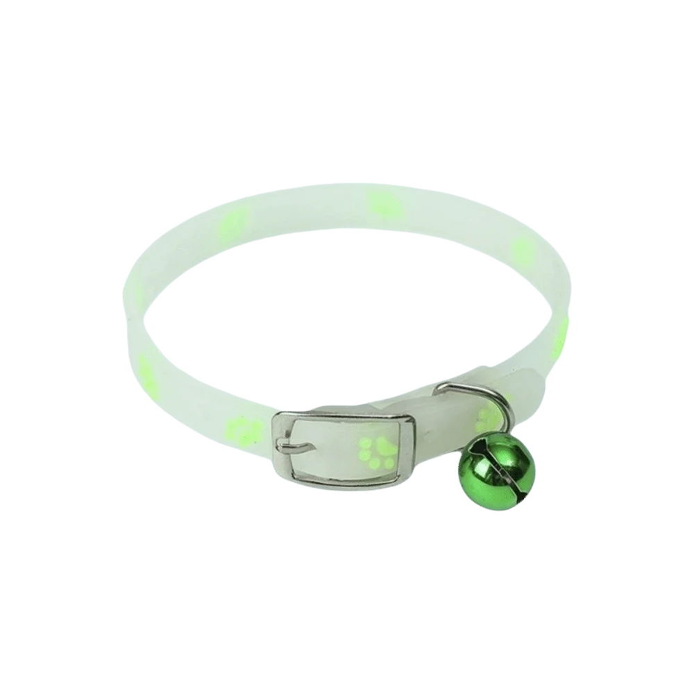 A white glow-in-the-dark collar for pets with a silver buckle and a green pendant.