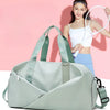 A light green duffel bag with a strap is shown next to a young woman holding a tennis racket.
