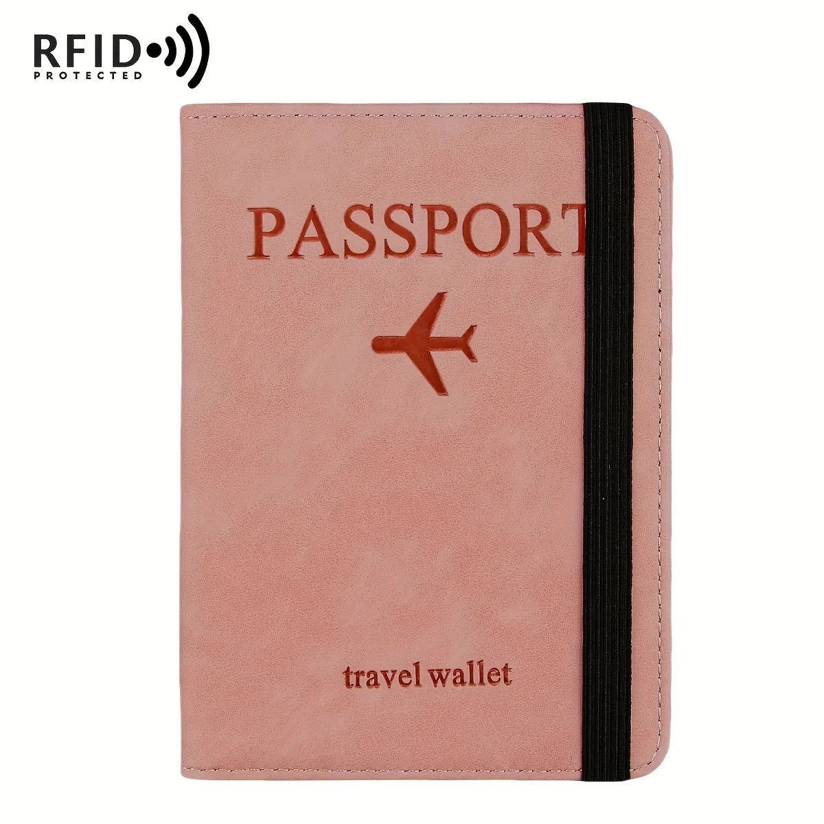 A pink leather passport holder with a black stripe and a stylized airplane design.