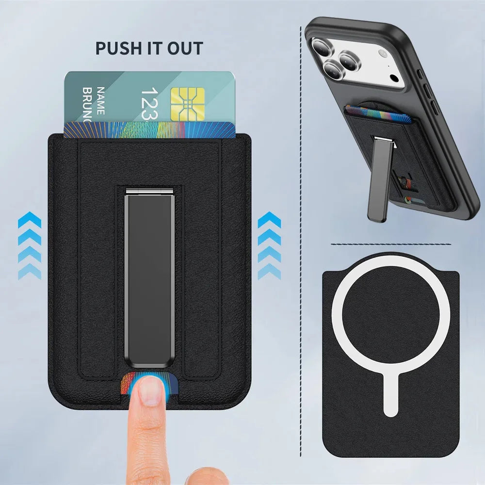 A black magnetic PU leather phone wallet with a card holder and stand is shown next to a smartphone.