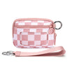A pink and white checkered zippered wallet with a metal keychain attached and a pink strap.