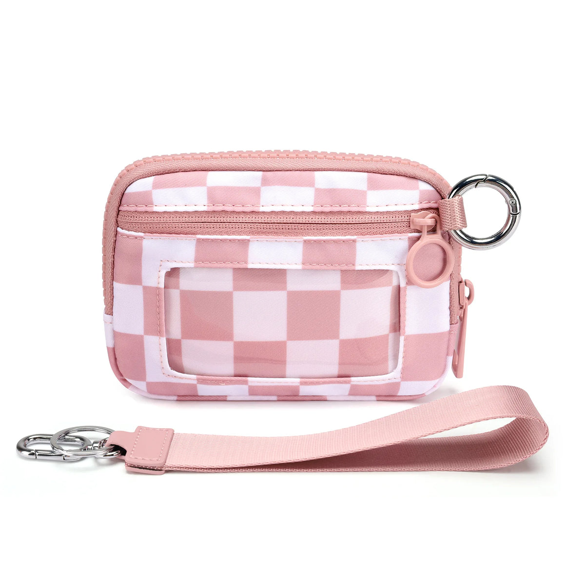 A pink and white checkered zippered wallet with a metal keychain attached and a pink strap.