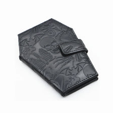 Black leather wallet embossed with a gothic skull and vintage design details.