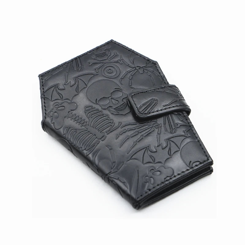 Black leather wallet embossed with a gothic skull and vintage design details.