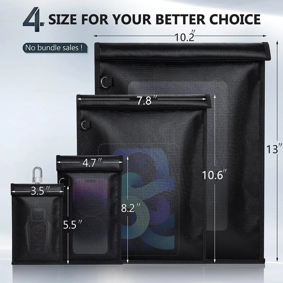 Pile de pochettes anti-RFID et de blindage de signal noires de différentes tailles, montrant les dimensions.