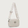 A beige patterned crossbody bag featuring a chevron print and a smooth leather strap.