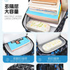 A set of black and blue kids school backpacks featuring multiple layers and front zipper bags for organization.