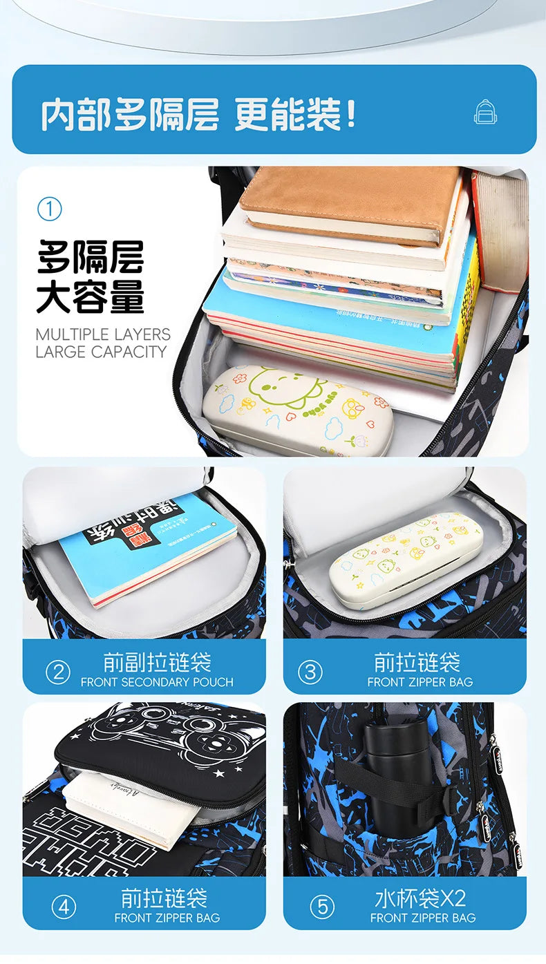 A set of black and blue kids school backpacks featuring multiple layers and front zipper bags for organization.