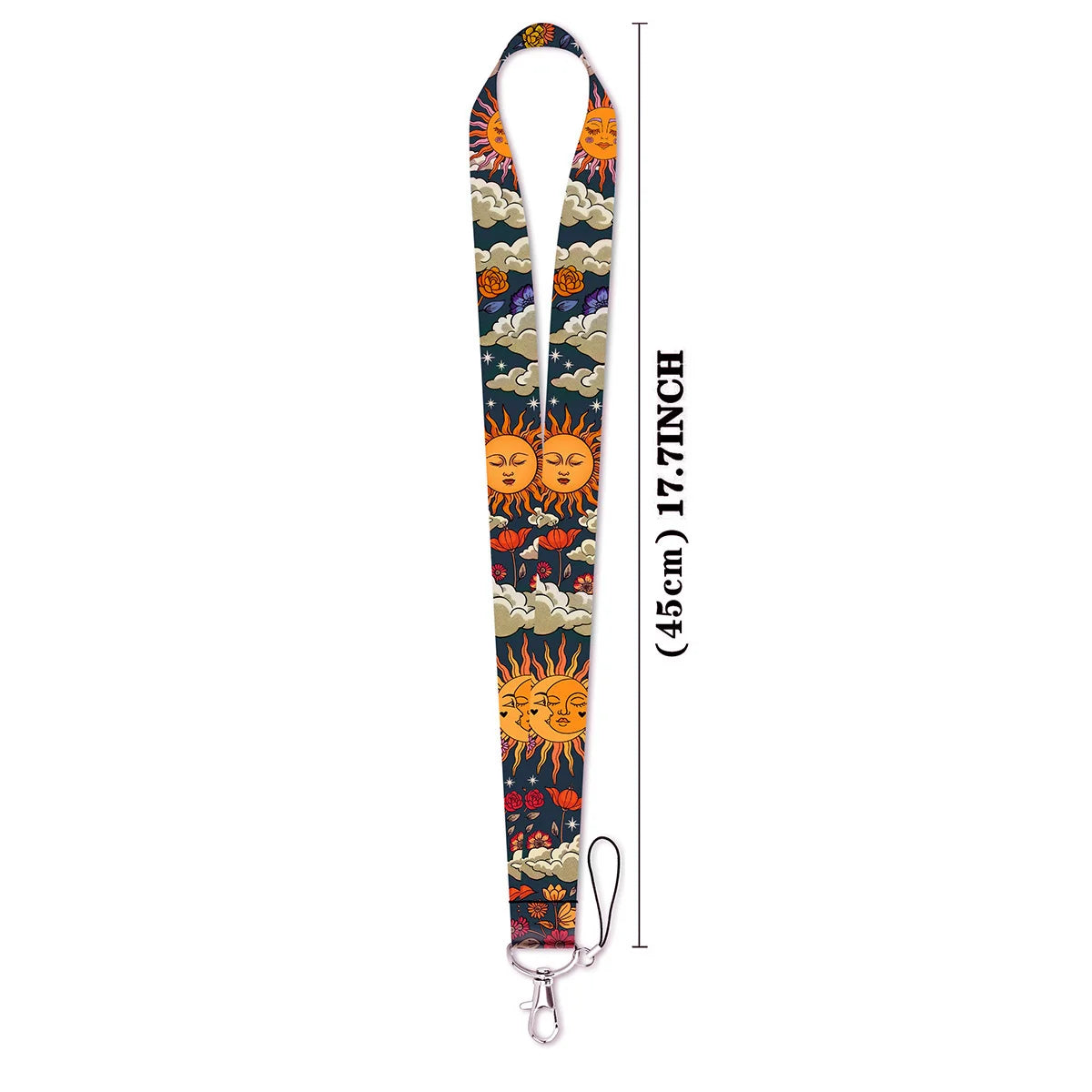A vertical lanyard featuring a repeating pattern of orange sun faces and blue clouds on a dark background.