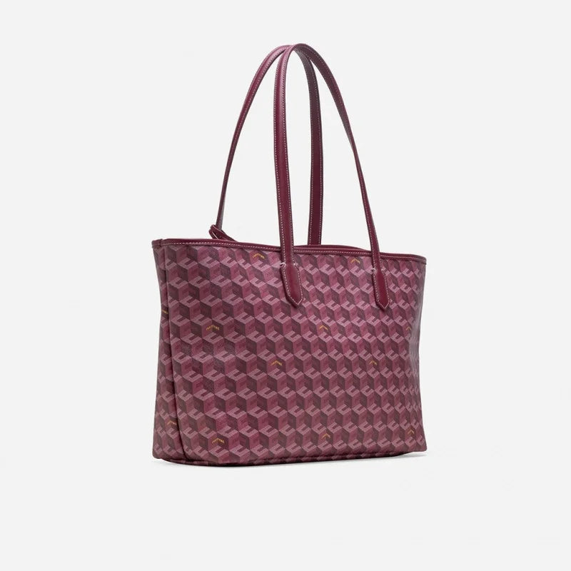 A maroon geometric patterned tote bag set for women.